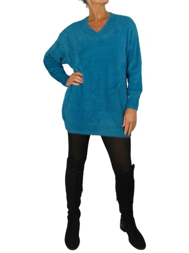 Damen Strick V Ausschnitt Pullover Kleid weich und kuschelig Strick Winterkleid Langarm - Bild 6 von 69