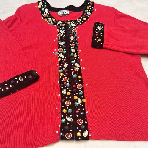 Vintage Berek Red Blk Jeweled Cardigan Pullover 80s 90s Holiday Christmas Gaudy - Bild 2 von 10