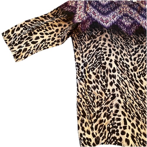 Chicos Women’s Cheetah Animal Print Purple 3/4 Sleeve Top Size Large Resort Boho - Picture 7 of 11