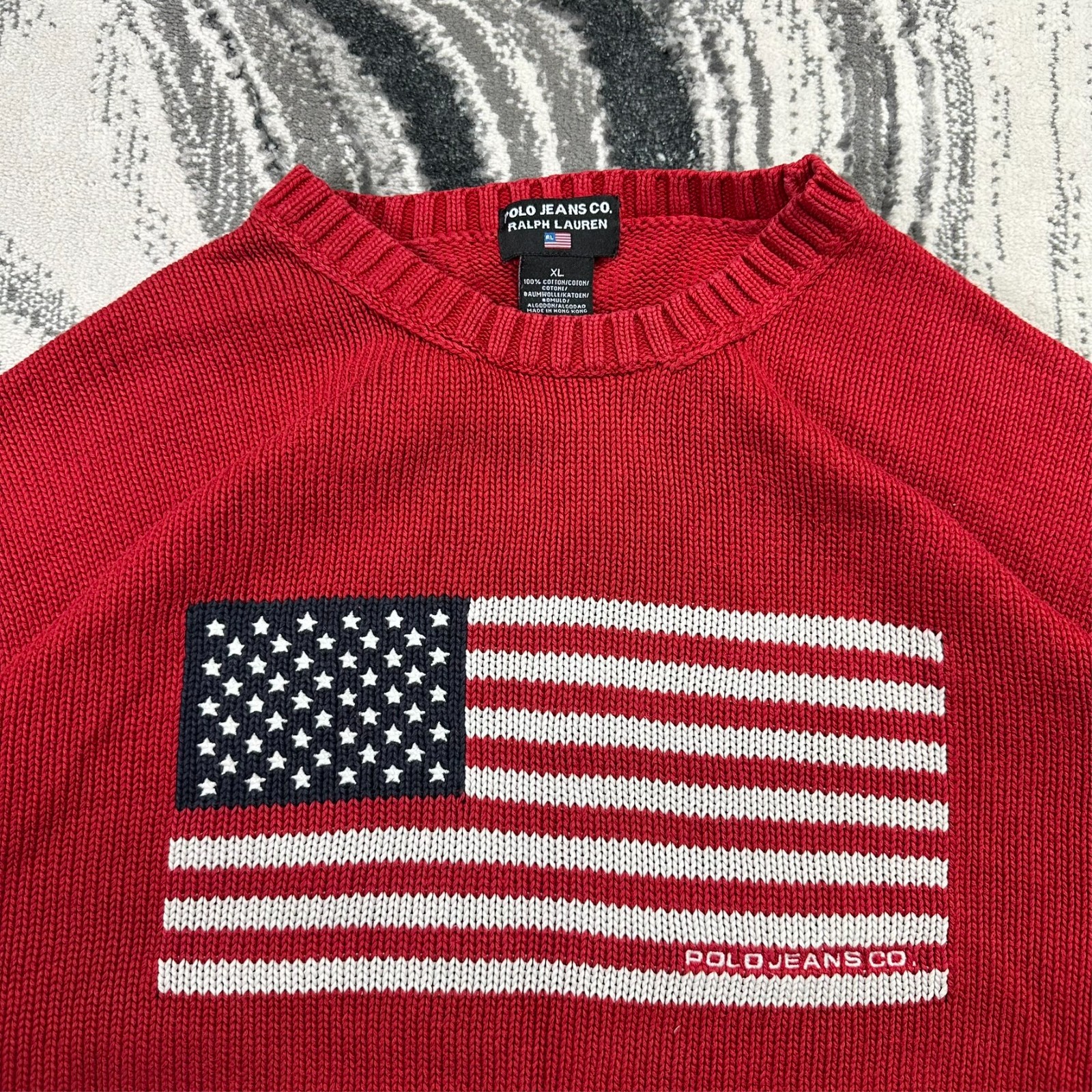 Women's VTG Ralph Lauren 90's Polo Jeans USA Flag Red 3/4 Sleeve Knit XL Jumper image 2