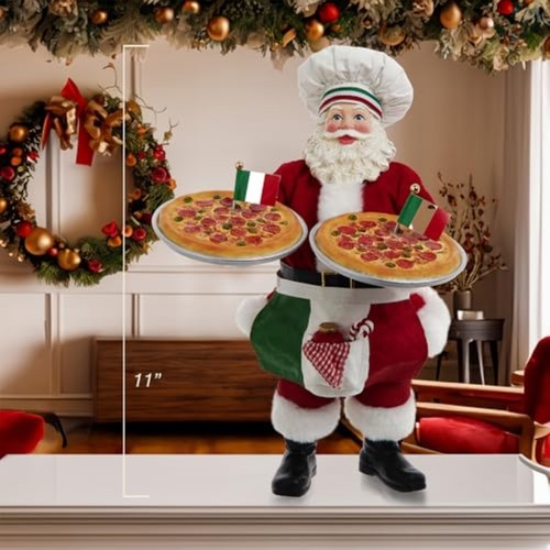Kurt Adler 11-inch Fabriché Chef Santa Holding Two Trays of Pizza - Picture 7 of 7