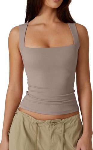 Women Square Neck Sleeveless Double-Layer Tank Tops Basic Tight T Shirt - Bild 36 von 50