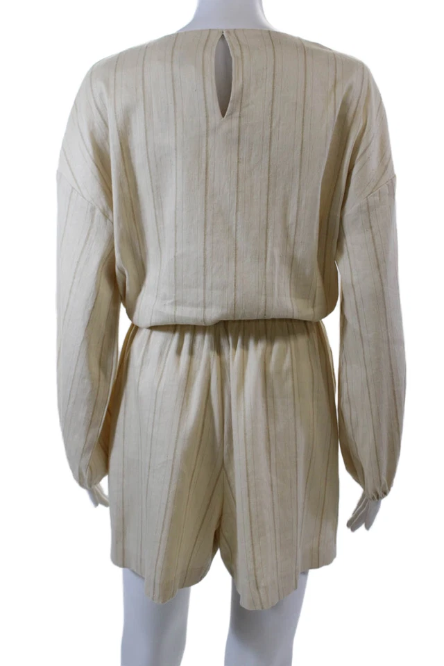 Mameluco Maje Mujer Lino Rayas Cuello en V Manga Campesina Beige Claro Talla 38 Foto 3 de 4