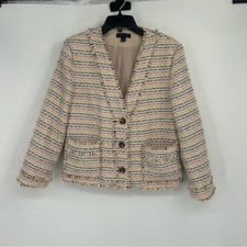 Ann Taylor Ivory Striped Blazer Size 12 Business Casual Fringe Preppy Tweed