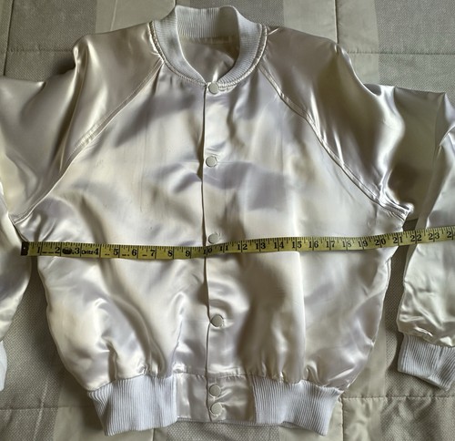 Vintage 80s Women’s M Elvis Presley Ivory Satin Bomber Jacket Diamond Dust Gold - Picture 6 of 14