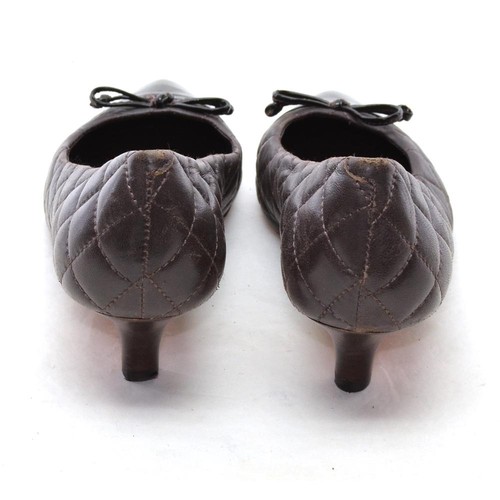 Ladies French Sole Bow Quilted Kitten Heel Pump 6 M Brown Cap Toe Slip On Shoes - Picture 4 of 5