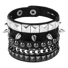 3pcs Men's Women's Punk Rock Studs Leather Bracelet Set 80's Adjustable Cuff