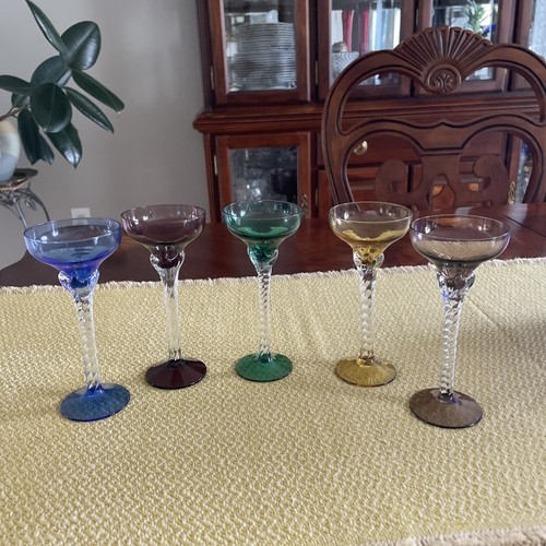 "Juego de 5 copas cordiales vintage de vino de jerez de colores con vástago trenzado Blefeld 5,75""" - Imagen 1 de 7