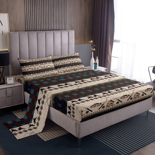 Fish Bed Sheets Set Kids Fish Hook Fishing Theme Sheet Set Sea Animal Bird Sh... - Picture 1 of 7