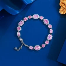 Silver Plated CZ Geometric Pink Oval Square Chain Link Adjustable Bracelet Gift