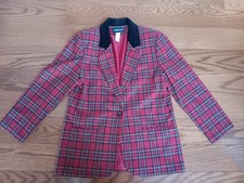 VTG Sag Harbor Tartan Plaid Blazer Womens 12 Red W/Black Velvet Collar