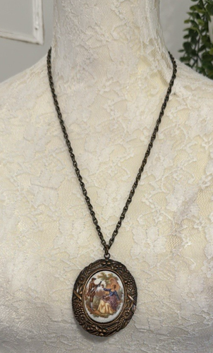 Vintage Necklace Victorian Courting Couple Scene Pendant Filigree Genuine Copper - Picture 2 of 15