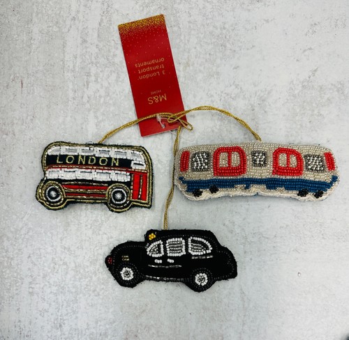 Marks & Spencer Set 3 Beaded Fabric London Transport Christmas Ornaments M & S - Picture 1 of 2