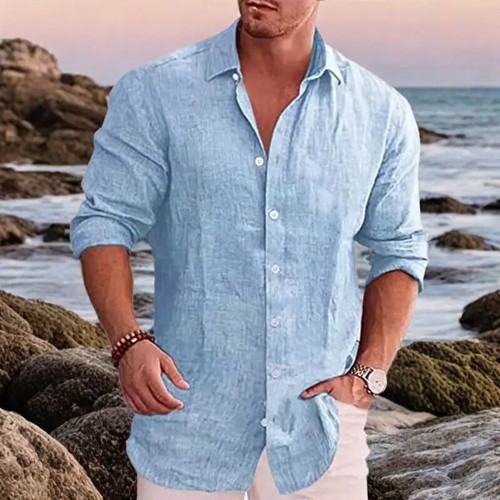 Camisa de lino y algodón para hombre camisa de manga larga Color sólido, estilo - Foto 1 di 29
