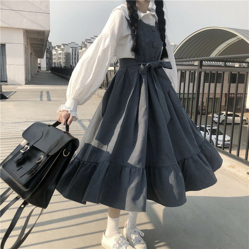 Retro Women Girls Jumper Skirt Bow Ruffle Solid Long Vest Dress Sundress  Casual