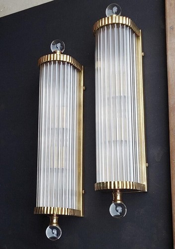 Coppia di applique da parete vintage Art Decò grattacielo - luce ottone antico e vetro - Foto 5 di 6