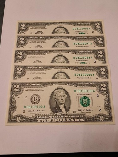 $2 Two Dollar Bills Sequential Order 2009 UNC
