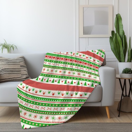 Green Red Striped Christmas Blankets, Cozy Throws For Bed Sofa Couch Camping - Picture 5 of 6