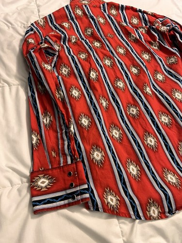 VTG Wrangler Aztec Red Western Pearl Snap Shirt L Large Mens Long Sleeve - Picture 15 of 16