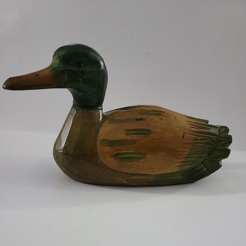 Esca anatra legno Mallard verde marrone testa girevole intagliata a mano 9" decorazione uccellino vintage - Foto 2 di 13