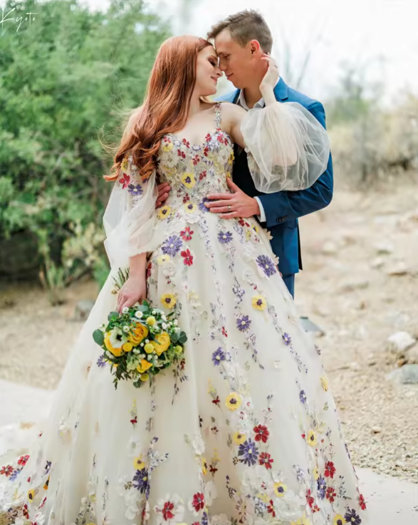 elegant floral wedding dresses Lavender Floral Embroidered Long Sleeve Wedding Dress Custom Color / Floor Length / US10