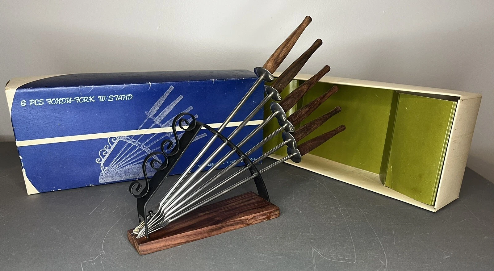 Vintage MCM Fondue Set 6 Forks + Stand Rosewood and Stainless Steel Original Box