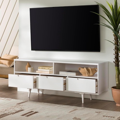 Walker Edison Mid Century Modern 3 Drawer Solid Wood TV Stand 58 Inch, White - Picture 1 of 7