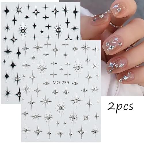2Pcs Shiny Star Nail Stickers 3D Glitter Luxury Gold Black Star Rhinestones - Picture 7 of 7