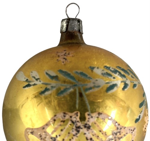 Vintage Mercury Glass Christmas Ornament BELLS Yellow Green Silver Glitter Leave - Picture 7 of 7