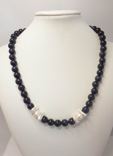 Collar collar "Blue Pearl" flujo azul y perlas de agua dulce, plata, hecho a mano - Imagen 2 de 4