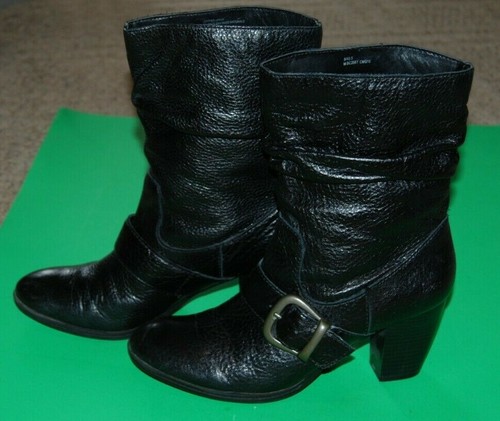 B.O.C. Black Pebbled Leather Buckle Pull On Mid Calf High Heel Biker Boots 9 - Picture 3 of 8