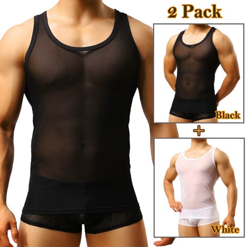 Mens Mesh Sheer Sexy Vest Tops T-Shirt Boxer Briefs Muscle Underwear Pajamas - Picture 34 of 44