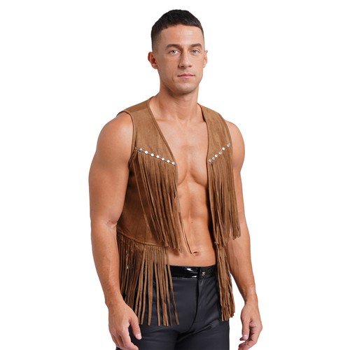 Men Suede Leather Cowboy Vest Layered Dress Open Front Tassel Vest Waistcoat - Picture 43 of 81
