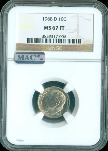 1968 D ROOSEVELT DIME NGC MS67 FT MAC FINEST QUALITY✔️