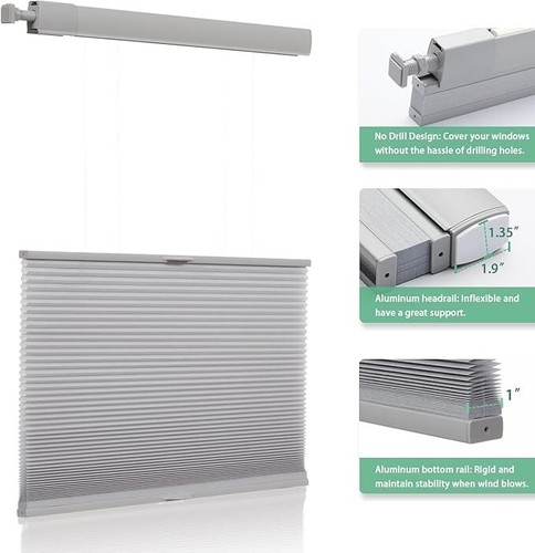 No Drill Top Down Light Filtering Cellular Shade Cordless Gray Honeycomb Blind - Picture 2 of 17