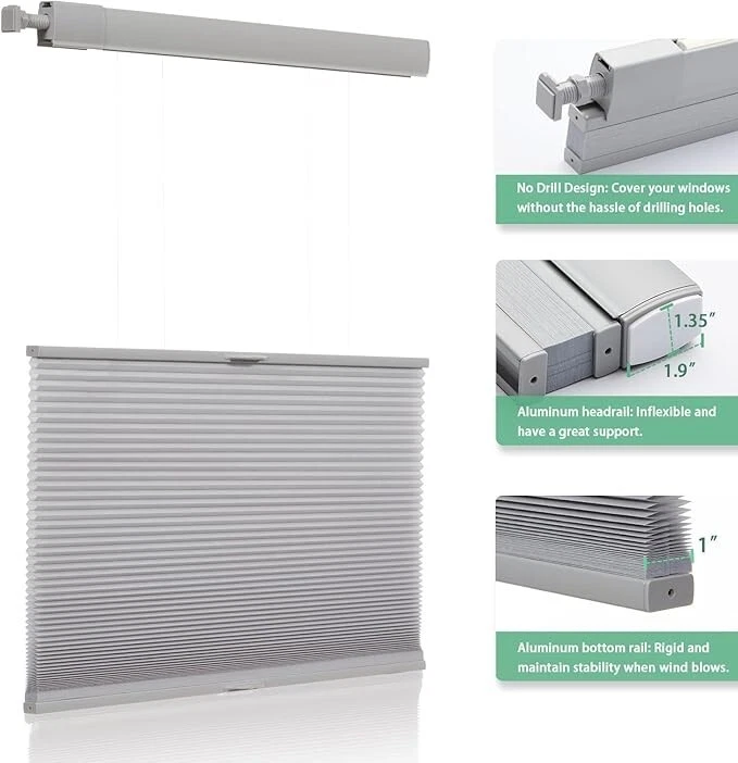 Persiana de nido de abeja gris inalámbrica con filtro de luz de arriba hacia abajo sin taladro Foto 2 de 4