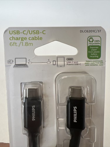 PHILIPS USB-C/USB-C Charge Cable Braided 6ft length Rated for 60W Black *NEW BOX - 第 3/4 張圖片