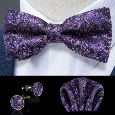 Mens Silk Bowtie Brown Solid Adjustable Pre-tied Bow Tie Hanky Pocket Square Set