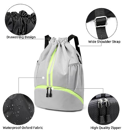 Valleycomfy Sports Drawstring Backpack - Water Resistant String Bag with Grey - Bild 3 von 6