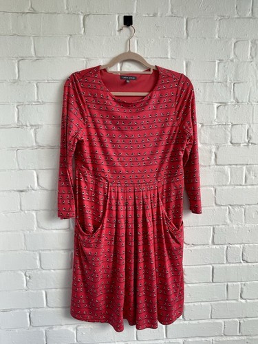 Laura Ashley korallenrotes Jerseykleid Vogelmuster geraffte Taillentaschen Herbst UK 12