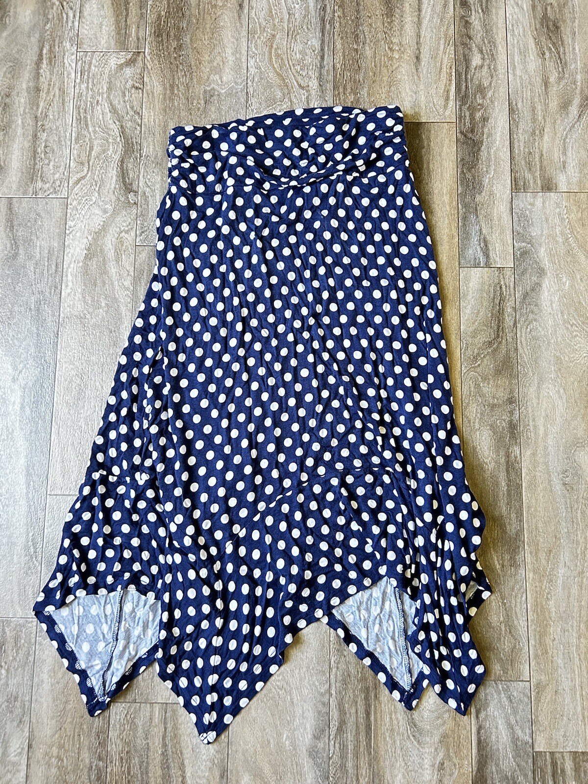 PrinStory Blue with White Polka Dots Comfy Skirt Yoga Waist Size M Handkerchief