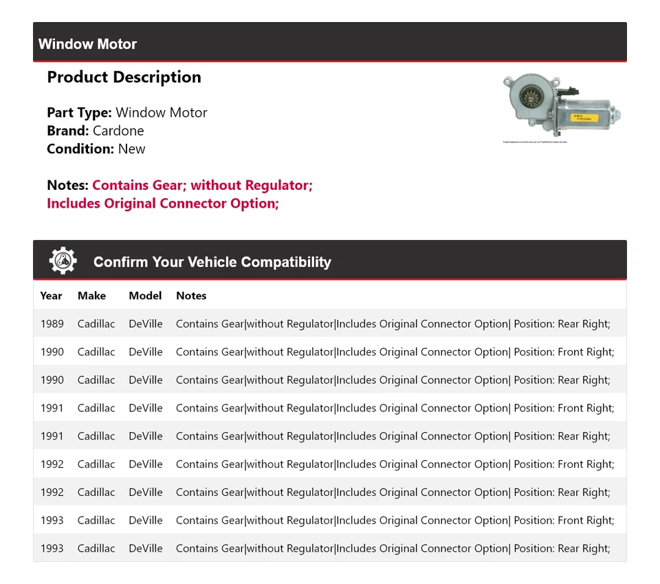 Para Cadillac DeVille 1989-1993 ventana motor cardone 1990 1991 1992 Foto 2 de 4