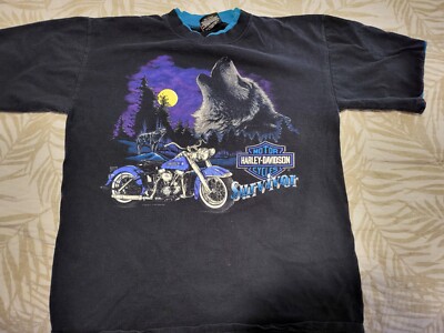Vintage Harley Davidson 3D Emblem Survivors 1989 Wolf Graphic T 