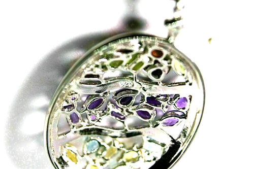 Silver Pendant Topaz Amethyst Garnet Genuine Gems Part Black Rhodium With Chain - Picture 20 of 24
