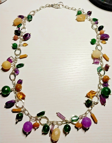 Damen Handarbeit Silber Kette Halskette mit Edelstein und Silber Charms - Bild 2 von 3