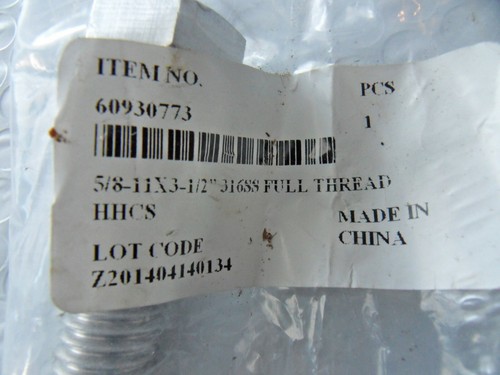 2 New 5/8-11 x 3.5" Stainless Steel Hex Cap Screw Full Thread Free US Shipping - Picture 3 of 3