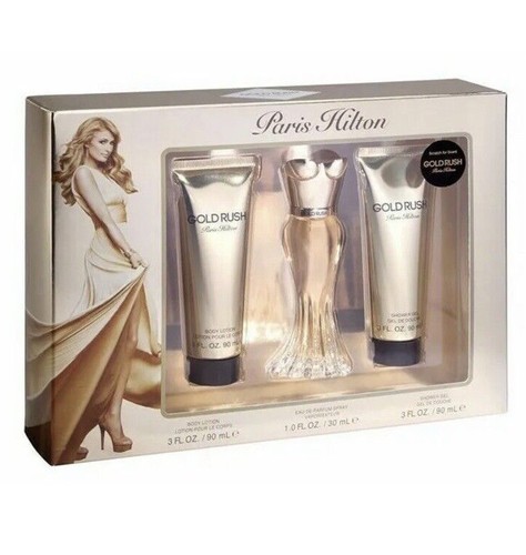  PARIS HILTON 3pc Set GOLD RUSH EDP 1 oz Lotion SHOWER GEL 3 oz Ea NIB - Picture 1 of 3