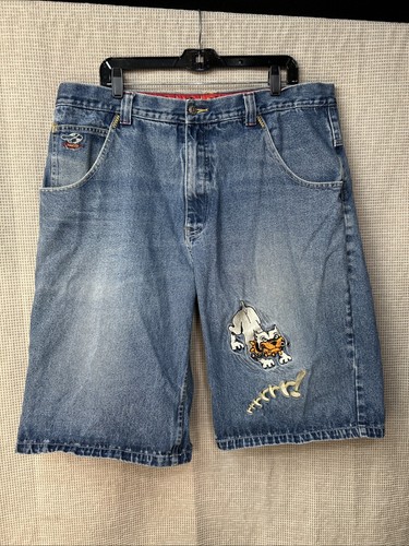 Vintage Embroidered Paco Sport Denim Baggy Shorts Dog Skater Y2K Sz 40 Blue - Picture 2 of 16