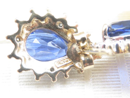 Genuine Diamond & Created Sapphire Stud Earrings In 9K Yellow Gold - Picture 6 of 9