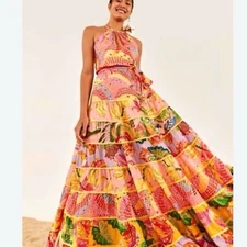 FARM Rio NWT Mixed Pink Prints Maxi Dress Fruit Tiered Crossback Belt Size L